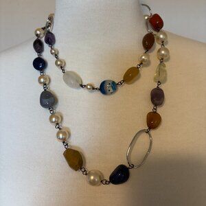 Long multi stone silver necklace